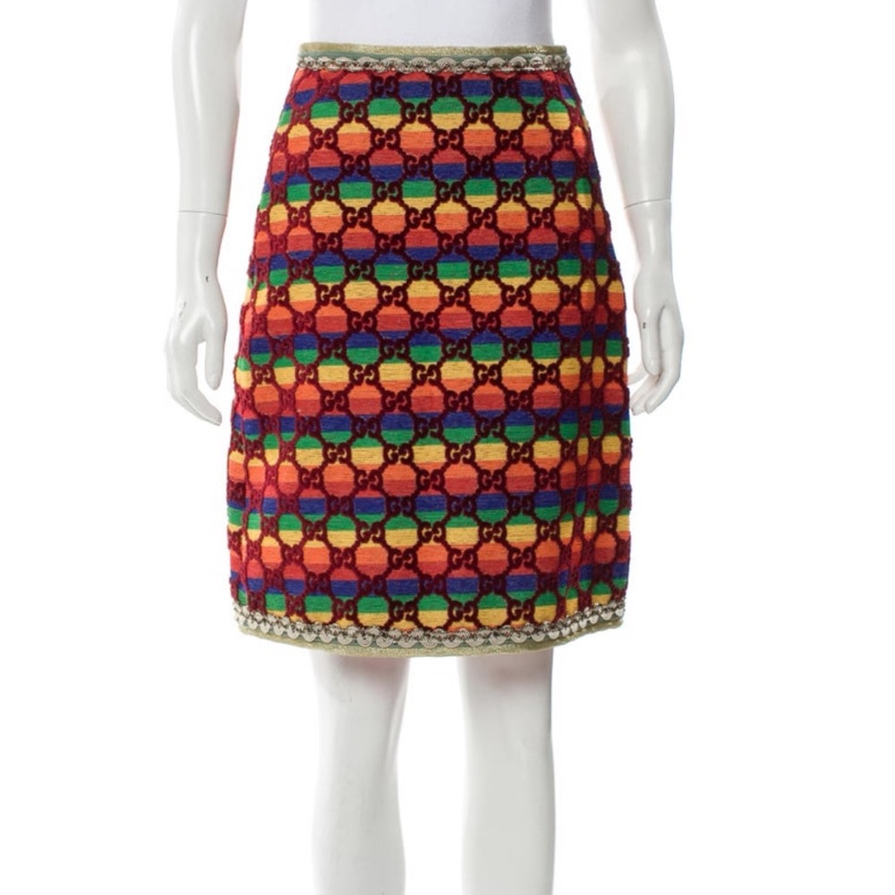 Gucci MultiColor Rainbow Velvet GG Logo Pencil Skirt SS18 Runway Size IT38 US2/4 - Picture 5 of 14